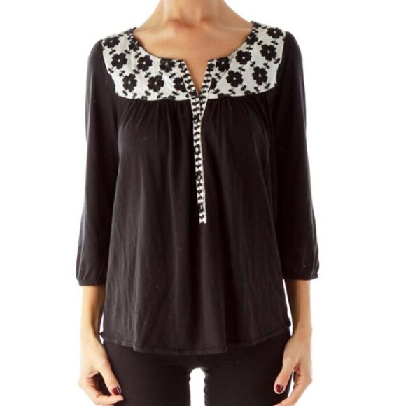 Deletta Tops - Deletta Black Cream Embroidered Peasant Top